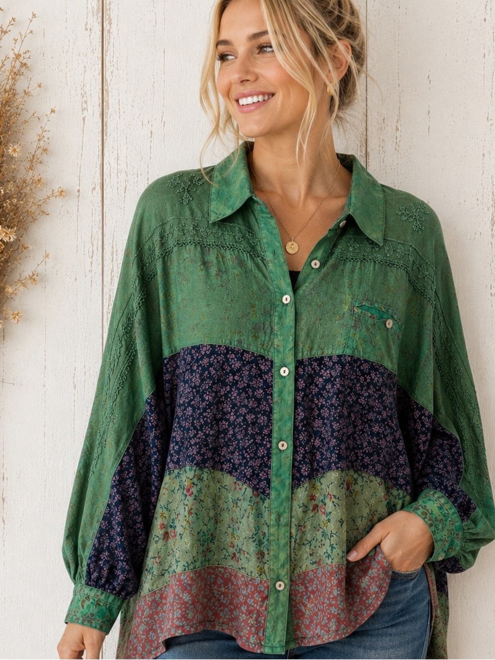 Young Threads Patchwork Button-Up Blouse - Boho - NWT